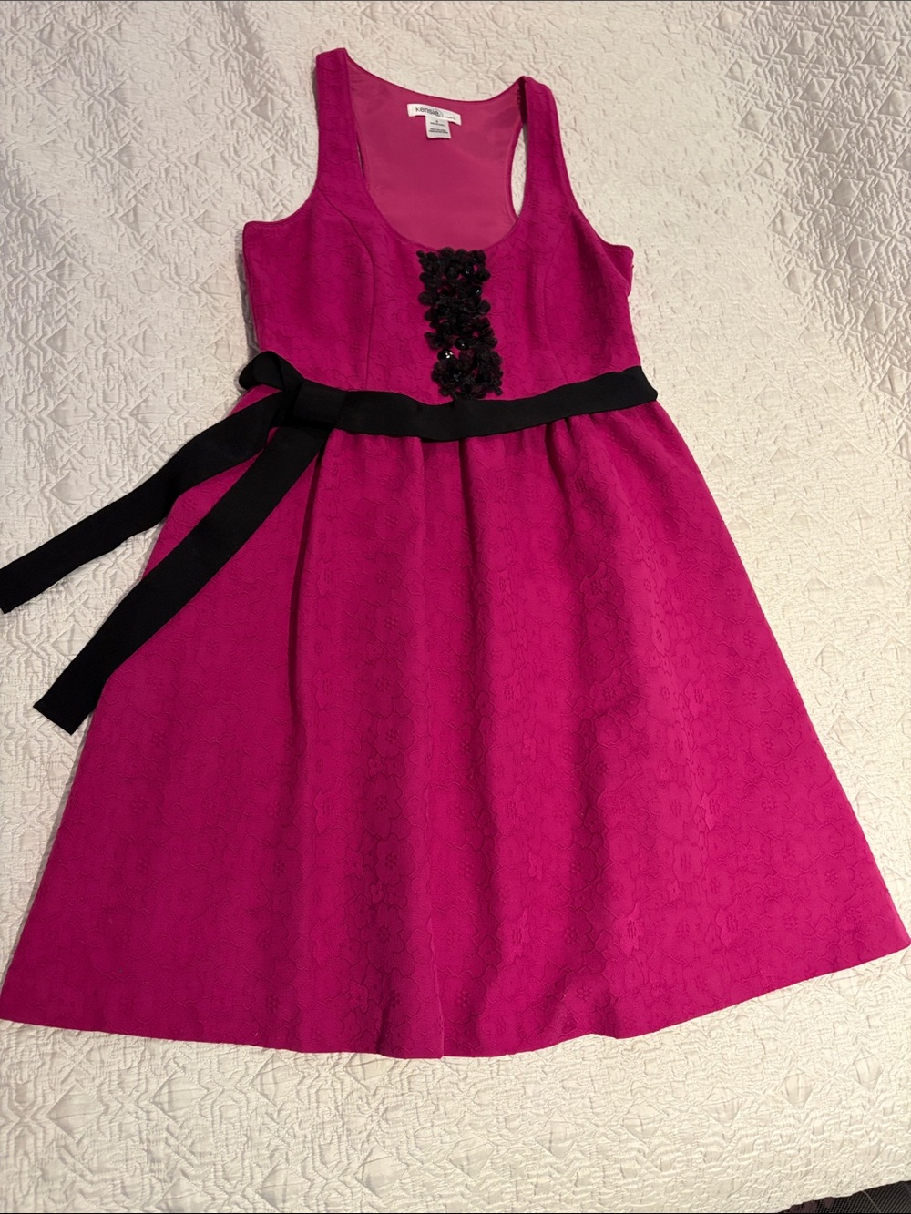 Kensie Fuchsia Jacquard Midi Dress with Black Ribbon